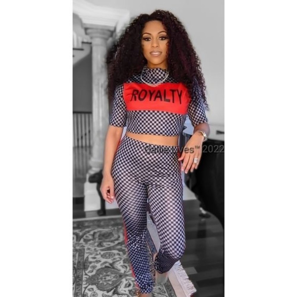 Miz Red Royalty Checkered Black & Gray Crop Top & Bodycon Legging Set XL - Picture 6 of 7